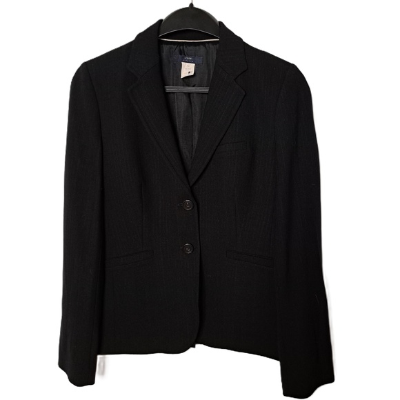 J. Crew Womens Black Wool Blend Notch Lapel Pinstriped Career Blazer Petite 8 - Picture 1 of 4